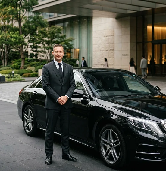 Chauffeur standing beside a luxury car